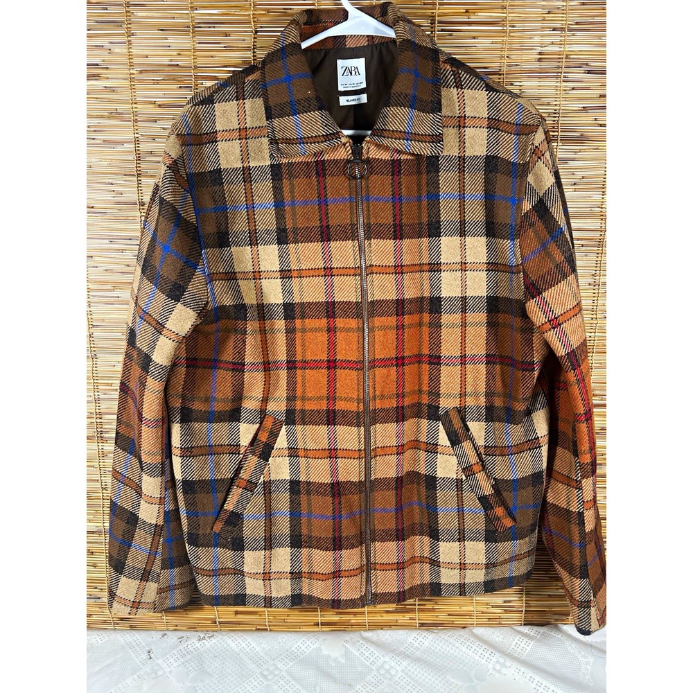 ZARA Men's Relaxed Fit Plaid Full Zip Point Collar Jacket Size M Regular